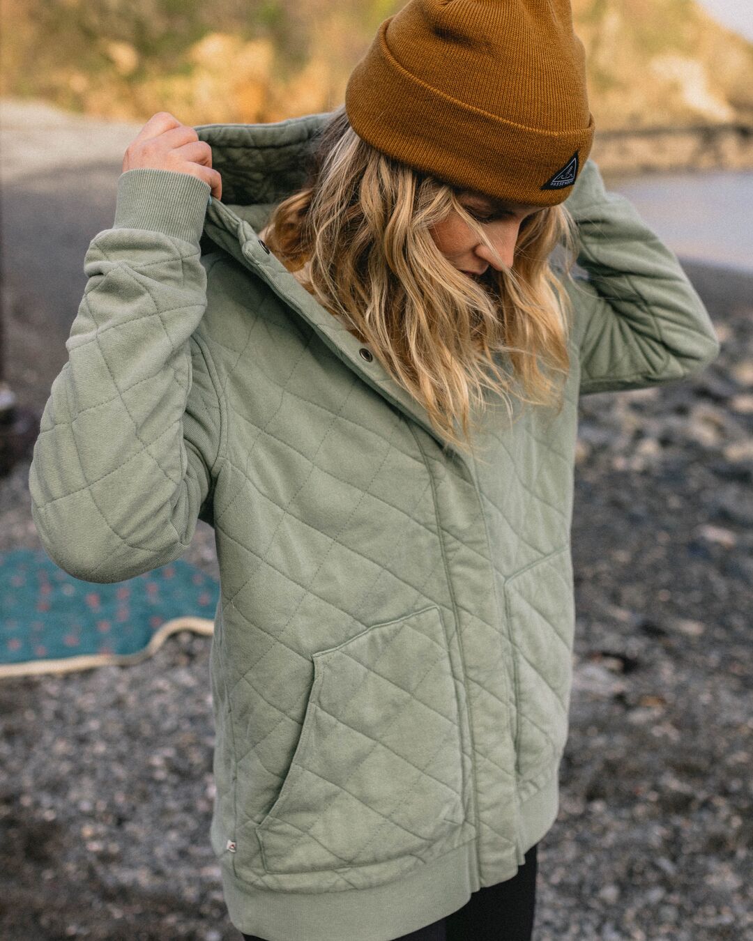 Clementine Recycled Quilted Button Up Hoodie - Pistachio